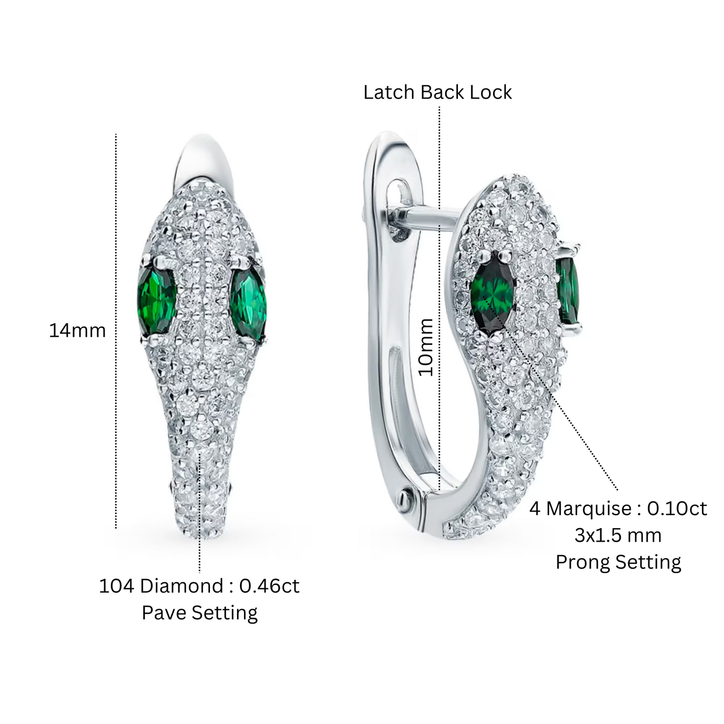 14k White Gold Emerald Snake Hoop (0.56ct) Hoop Earrings, Snake Design Earring. Cushionblue