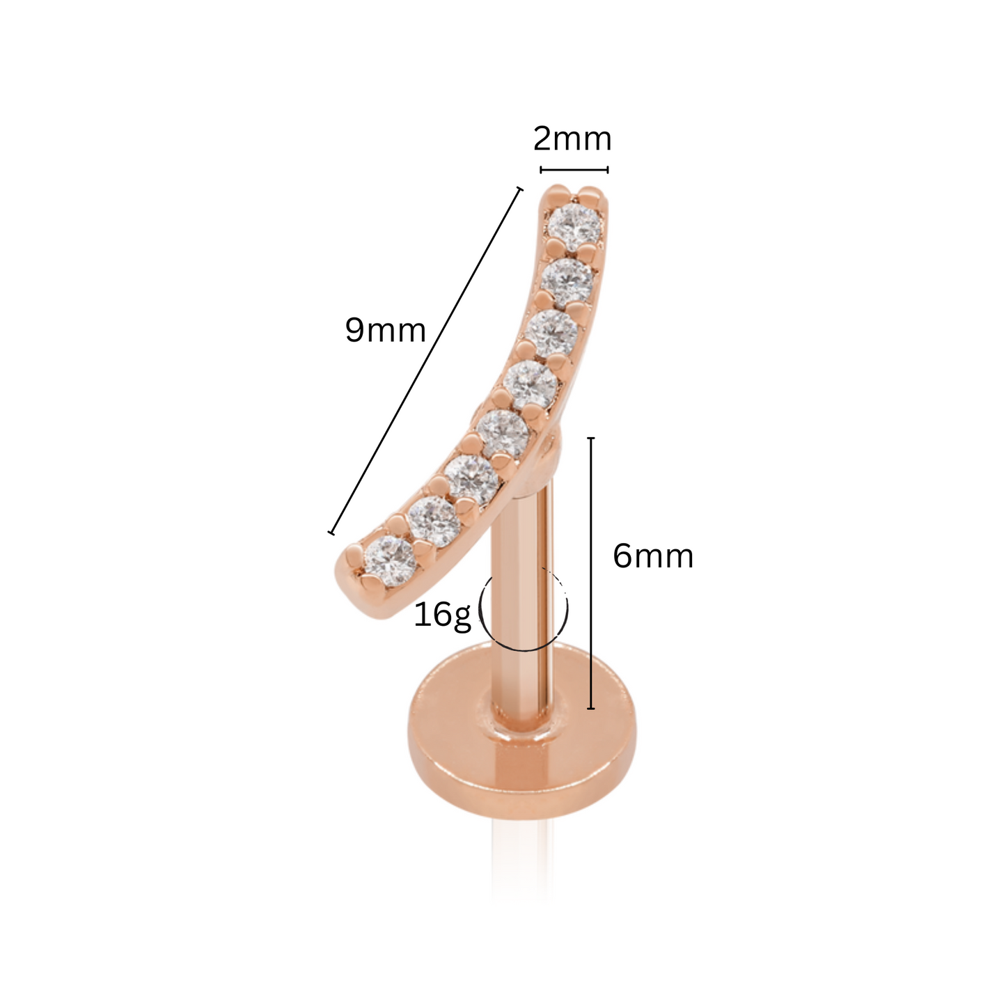 14K Solid Gold Curved Helix Earring, Diamond(0.05ct) Climber Helix Piercing, Arc Cartilage Stud. Cushionblue