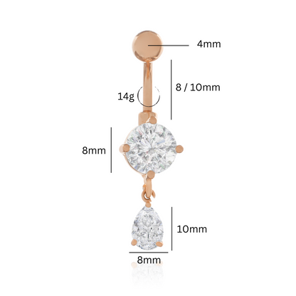 Tear Drop Belly Button Ring, Dangle Pear Shape Diamond (2.75ct) Belly, 14g Threaded. Cushionblue