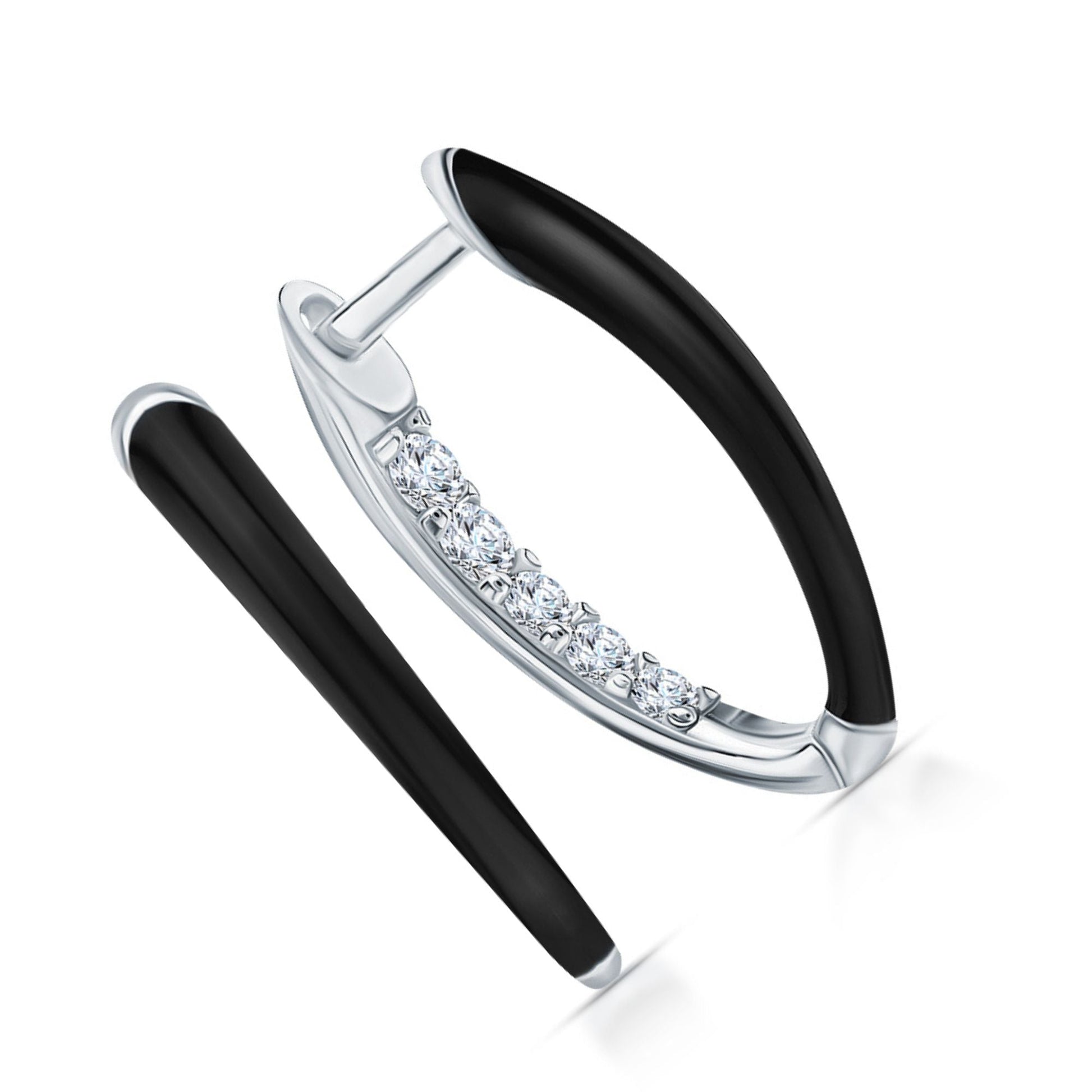 14k Gold V-Shaped Diamond Hoop Earring with Black Enamel | Fashionable Inner Diamond Hoop | Women’s Jewelry Gift for Wife. Cushionblue