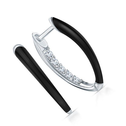 14k Gold V-Shaped Diamond Hoop Earring with Black Enamel | Fashionable Inner Diamond Hoop | Women’s Jewelry Gift for Wife. Cushionblue