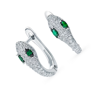 14k White Gold Emerald Snake Hoop (0.56ct) Hoop Earrings, Snake Design Earring. Cushionblue