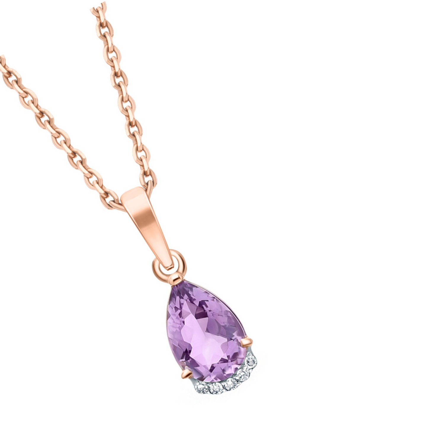 14K Gold Amethyst Teardrop Diamond Necklace,Pear Purple Amethyst Pendant. Cushionblue