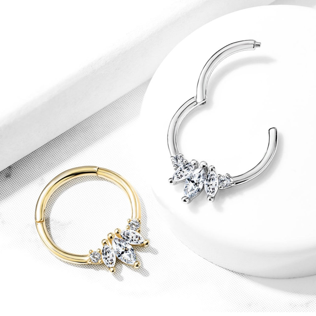 14k Solid Gold 0.09ct Marquise/ 0.04ct Round Diamond Cluster Clicker Huggie Hoop. Cushionblue