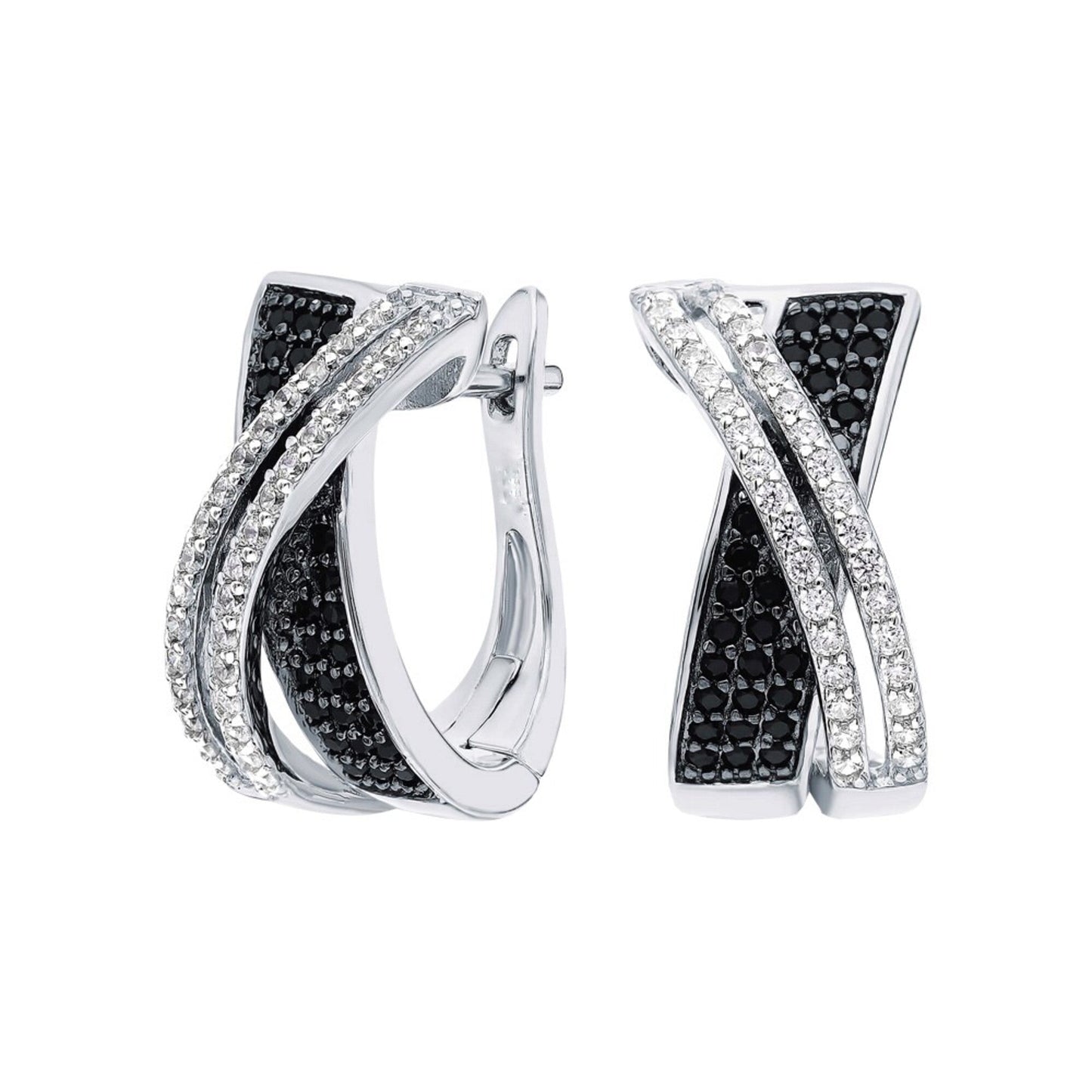 14K White Gold Diamond Crossover Hoop Earrings, Round  Black & White Diamond Hoop Earrings. Cushionblue