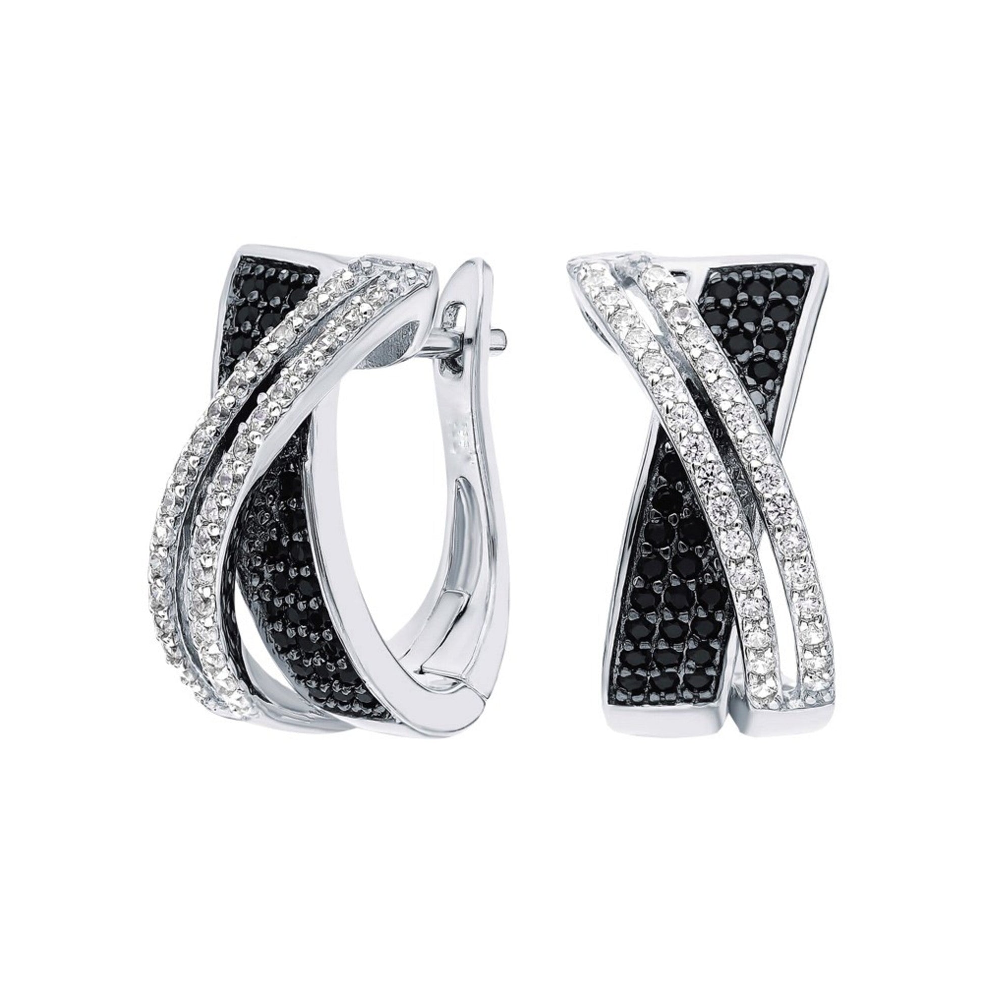 14K White Gold Diamond Crossover Hoop Earrings, Round  Black & White Diamond Hoop Earrings. Cushionblue