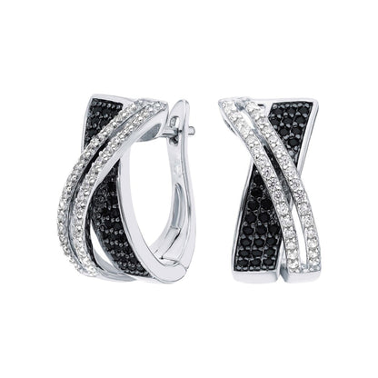14K White Gold Diamond Crossover Hoop Earrings, Round  Black & White Diamond Hoop Earrings. Cushionblue