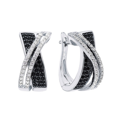 14K White Gold Diamond Crossover Hoop Earrings, Round  Black & White Diamond Hoop Earrings. Cushionblue