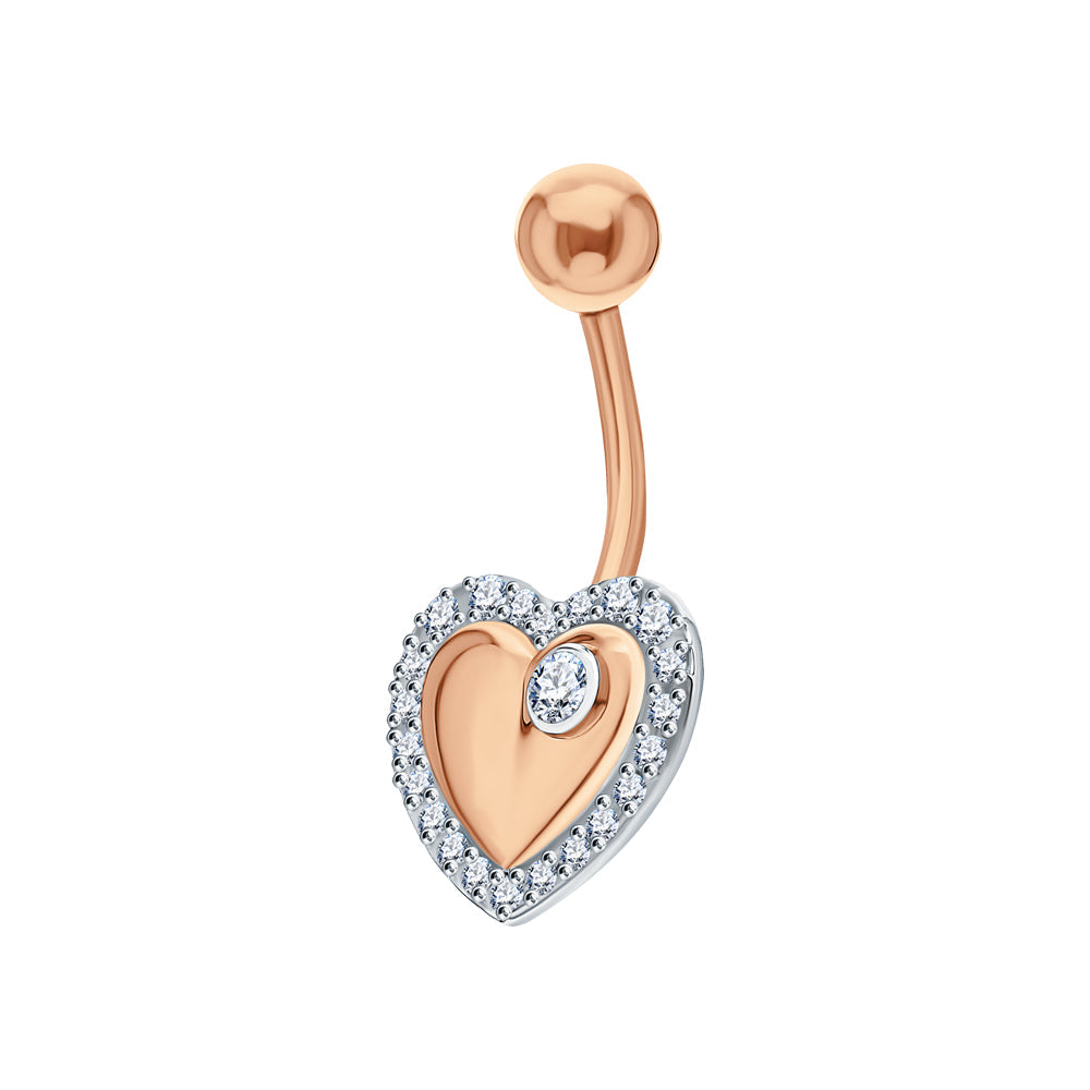 14K Gold Heart Diamond Belly Ring | Curved Navel Piercing | Floating Heart Belly Button Ring | Body Jewelry | Valentine or Anniversary Gift. cushionblue