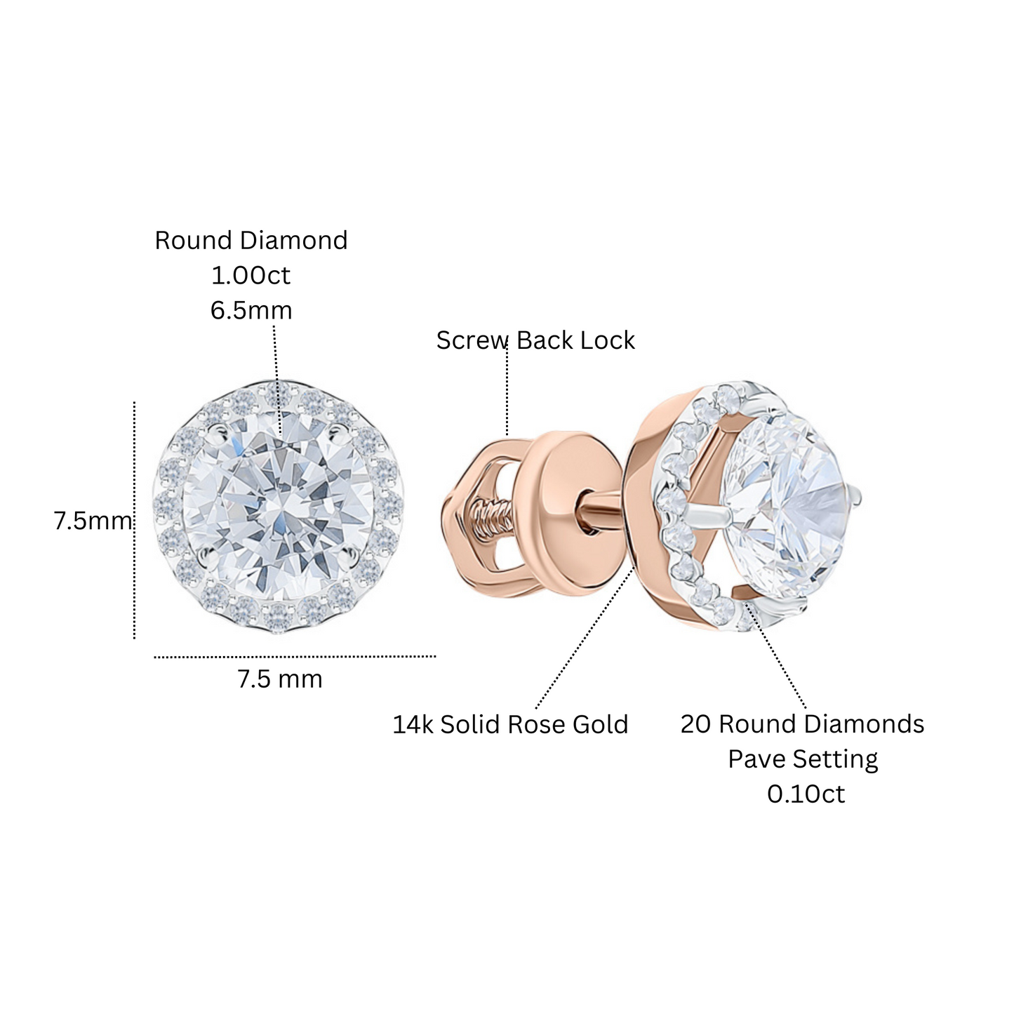 14k Gold Diamond 7.5MM Round Stud Earring. cushionblue