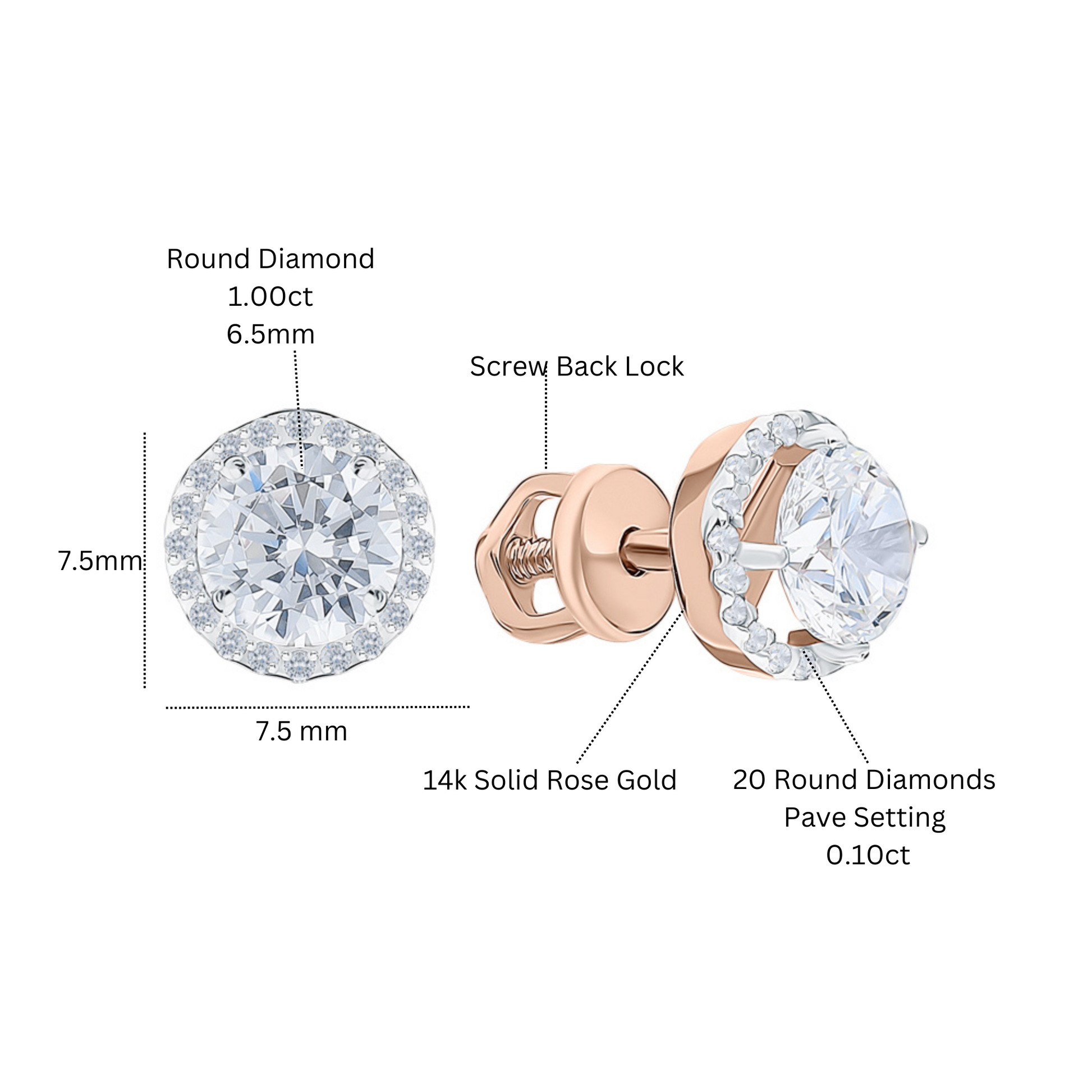 14k Gold Diamond 7.5MM Round Stud Earring. cushionblue