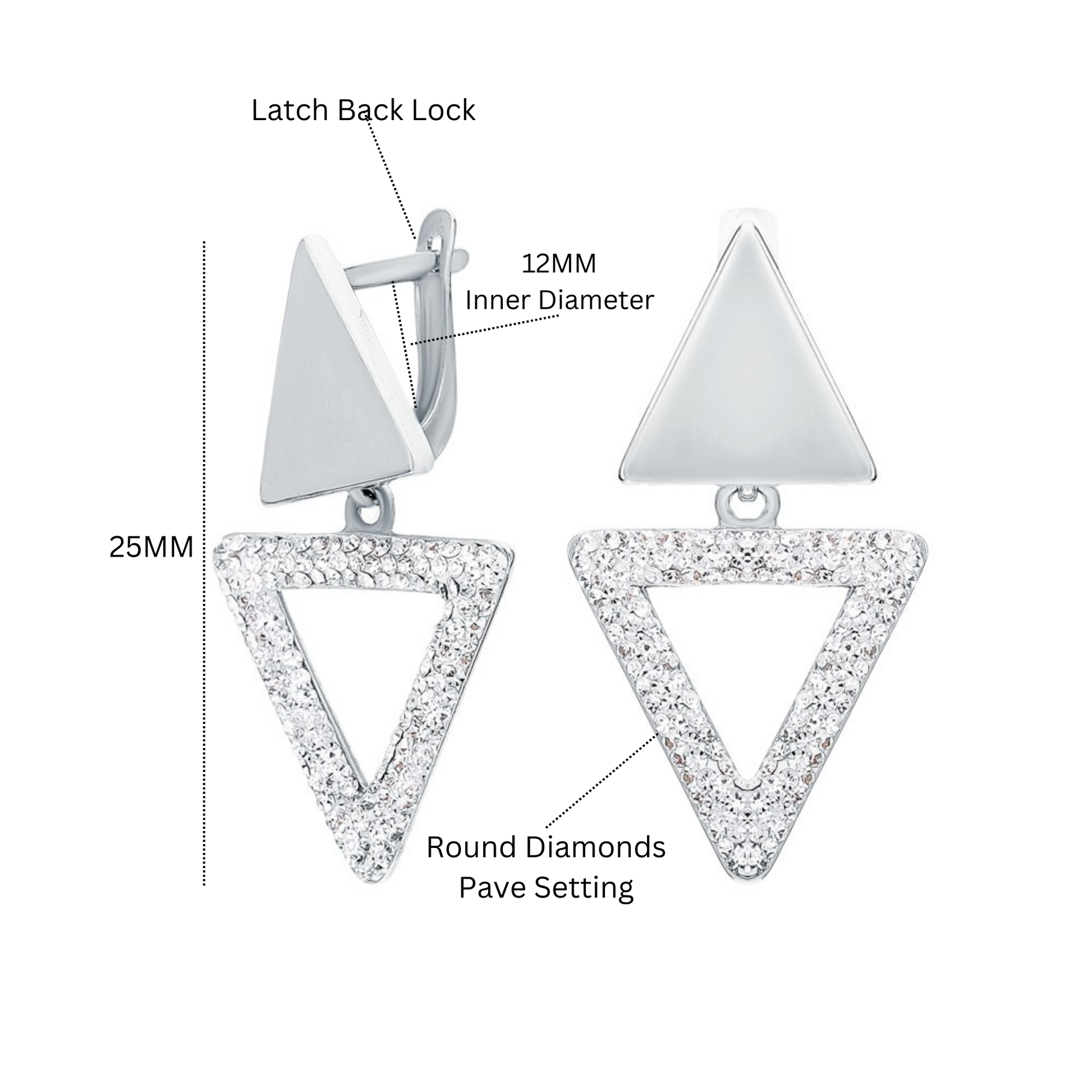 14k Gold Dangle Earring, Double Triangle Diamond. Cushionblue