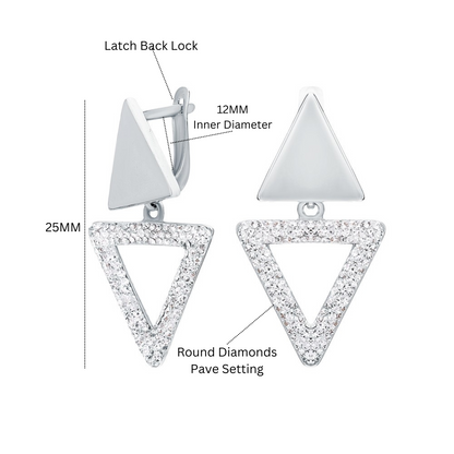 14k Gold Dangle Earring, Double Triangle Diamond. Cushionblue