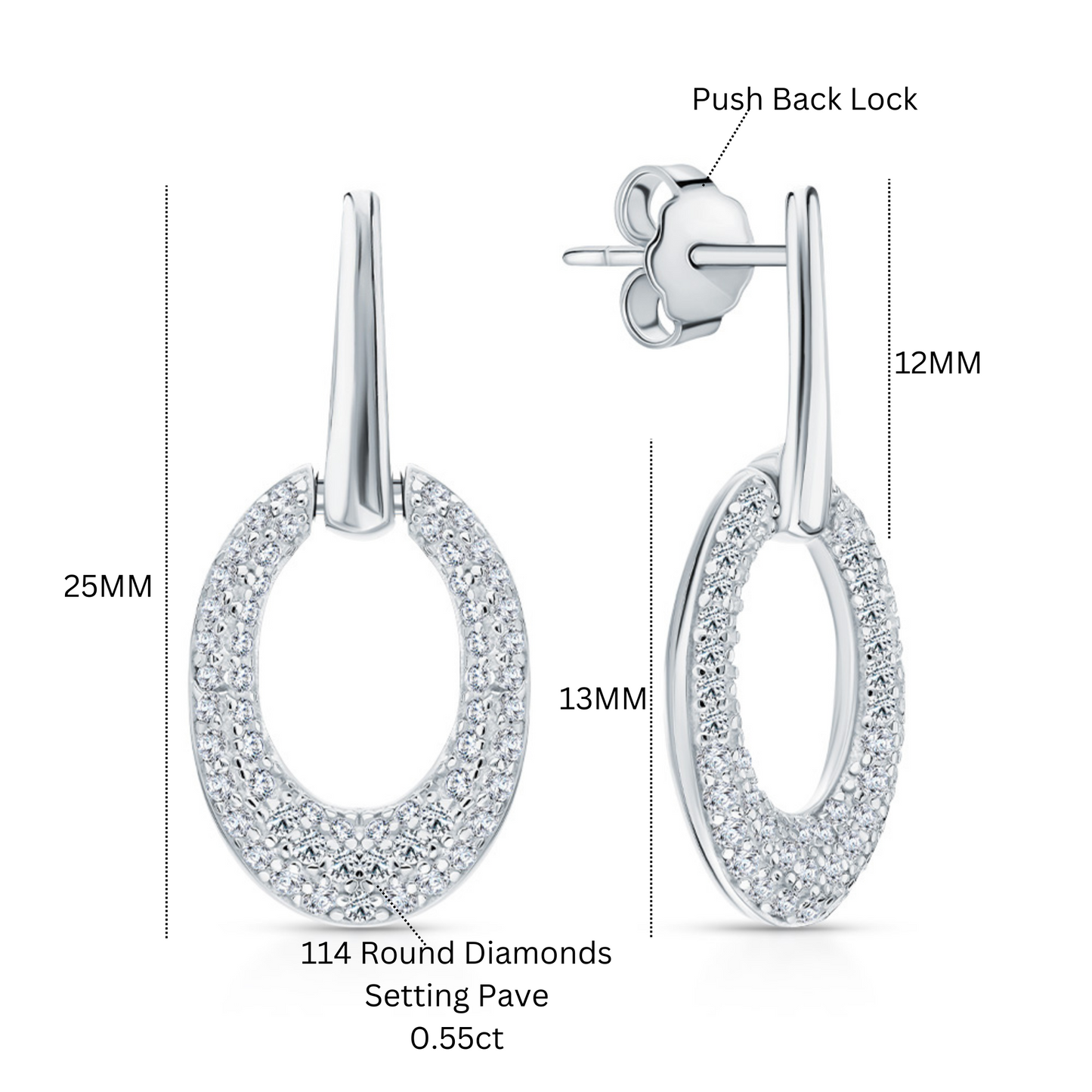 14K White Gold Oval Diamond Stud Earrings | Pave Dangle Ear Charms | Sparkling Snow Drop Earrings  |Unique Wedding Jewelry | Gift for Her. Cushionblue