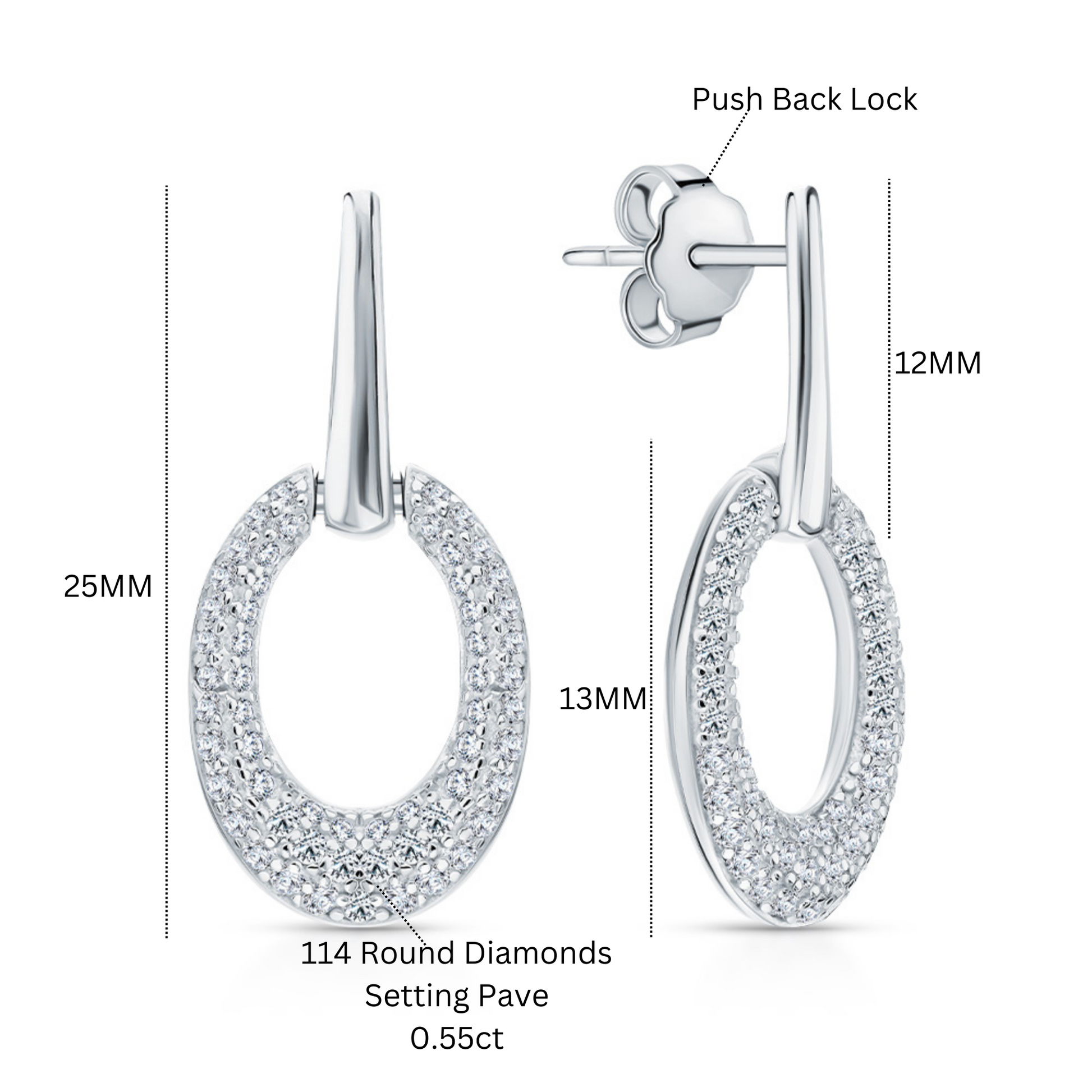 14K White Gold Oval Diamond Stud Earrings | Pave Dangle Ear Charms | Sparkling Snow Drop Earrings  |Unique Wedding Jewelry | Gift for Her. Cushionblue