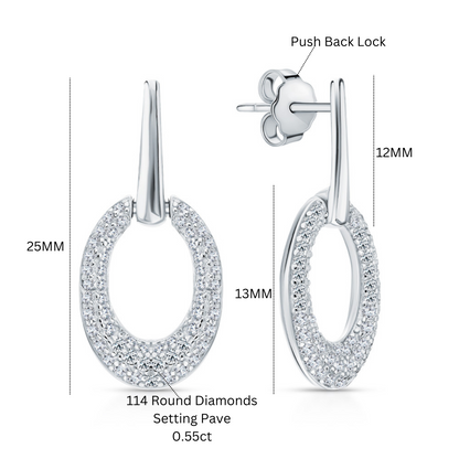 14K White Gold Oval Diamond Stud Earrings | Pave Dangle Ear Charms | Sparkling Snow Drop Earrings  |Unique Wedding Jewelry | Gift for Her. Cushionblue