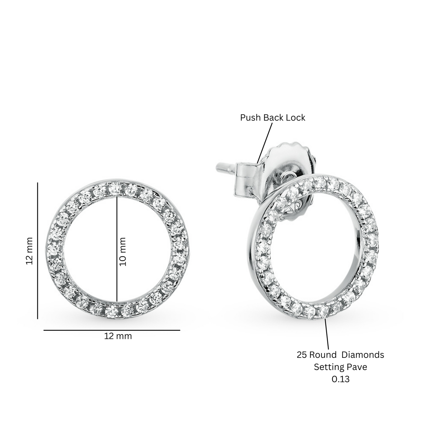 14K Gold Single line Round Studs, Round Diamond Halo Circle Shape Orbit Earrings. Cushionblue