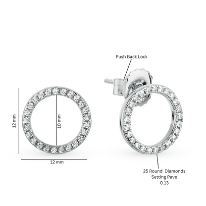 14K Gold Single line Round Studs, Round Diamond Halo Circle Shape Orbit Earrings. Cushionblue
