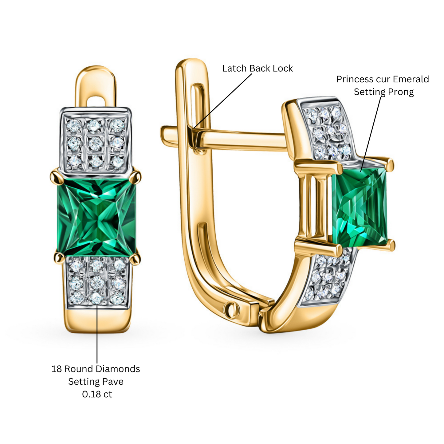 14k Solid Gold Emerald Hoop Earring. Cushionblue