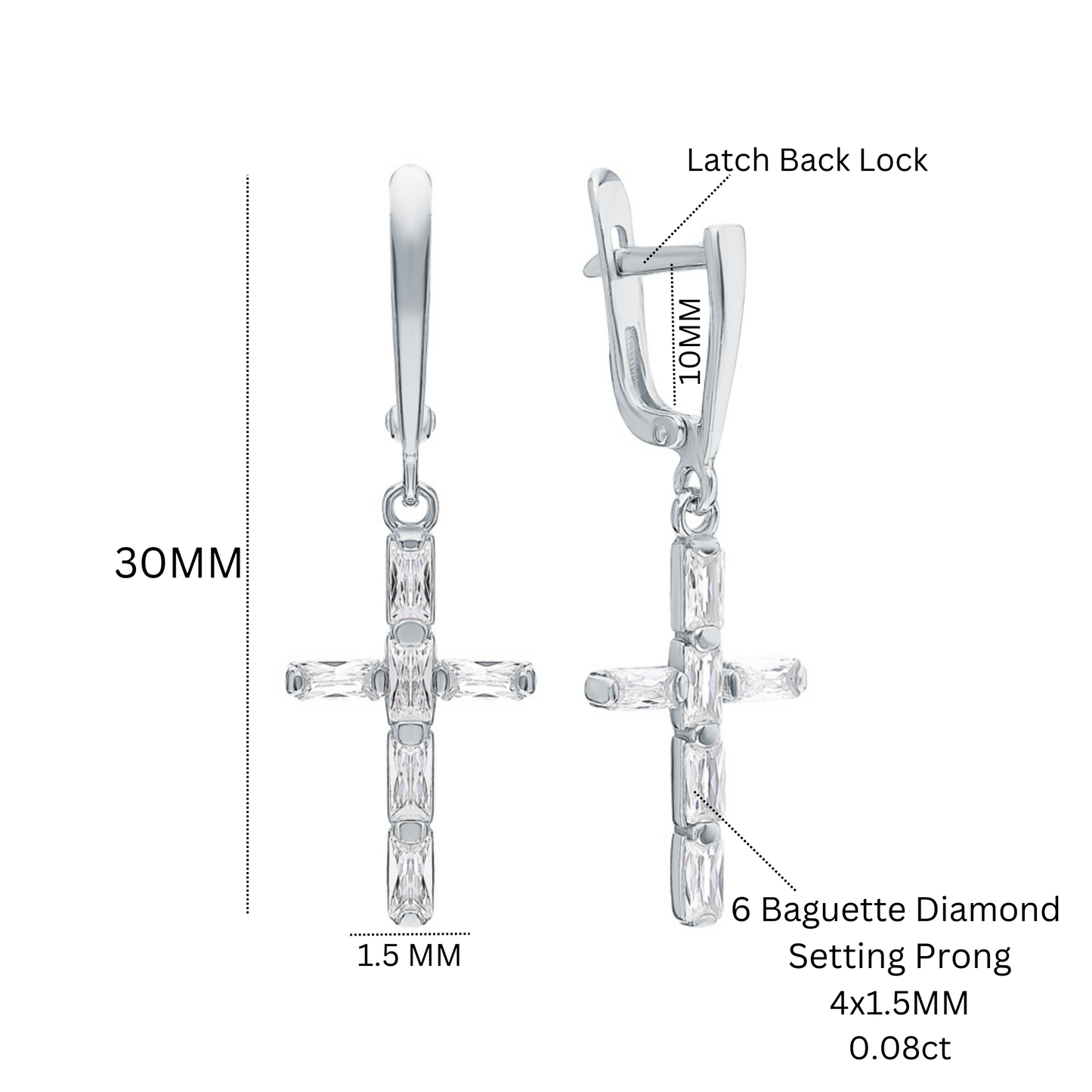 Elegant Cross Dangle Earrings, Baguette Diamonds, 14K White Gold Huggie Hoop. Cushionblue