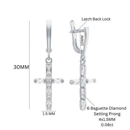 Elegant Cross Dangle Earrings, Baguette Diamonds, 14K White Gold Huggie Hoop. Cushionblue