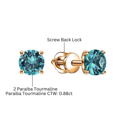14k Solid Gold Paraiba Tourmaline Stud Earring, Green Round Paraiba Studs. Cushionblue