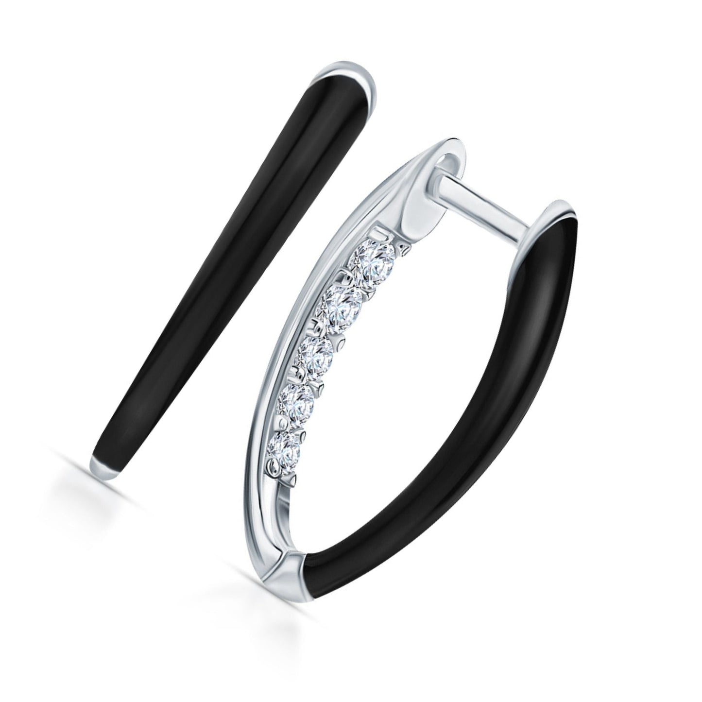 14k Gold V-Shaped Diamond Hoop Earring with Black Enamel | Fashionable Inner Diamond Hoop | Women’s Jewelry Gift for Wife. Cushionblue