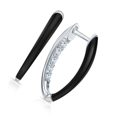 14k Gold V-Shaped Diamond Hoop Earring with Black Enamel | Fashionable Inner Diamond Hoop | Women’s Jewelry Gift for Wife. Cushionblue