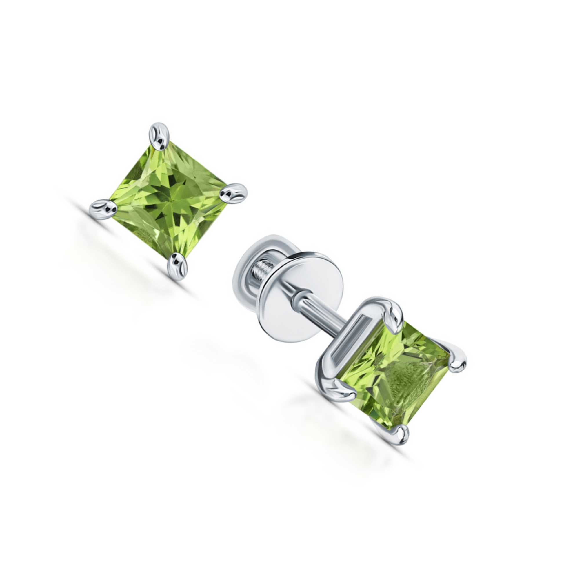 14K Gold Green Gemstone Studs | Princess Cut Chrysolite Peridot Stud Earrings |  Square Birthstone Earrings | Gift For Her. Cushionblue