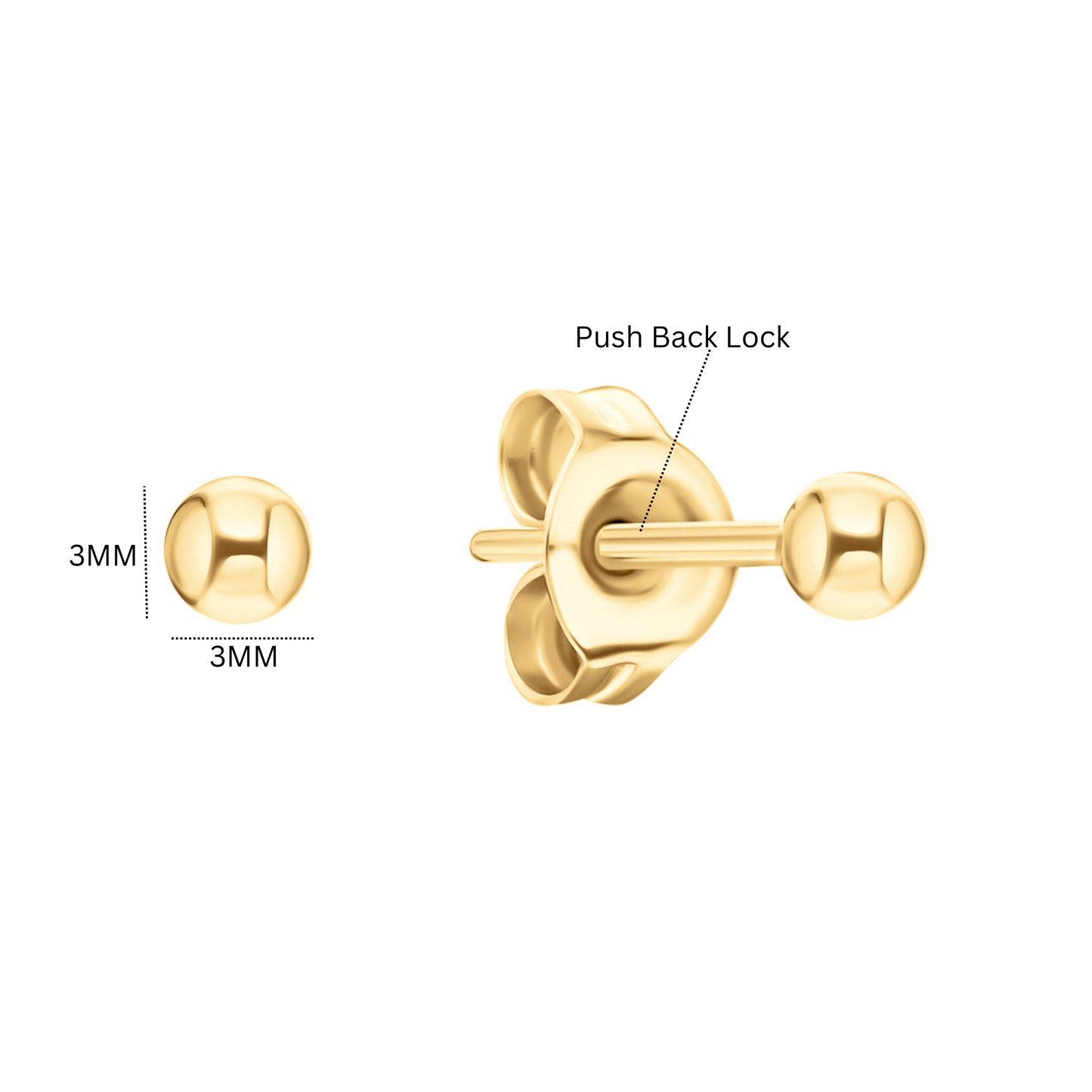 14k Gold Solid Stud, Dainty Ball Earring, Plain Ball Round Stud Earring. Cushionblue