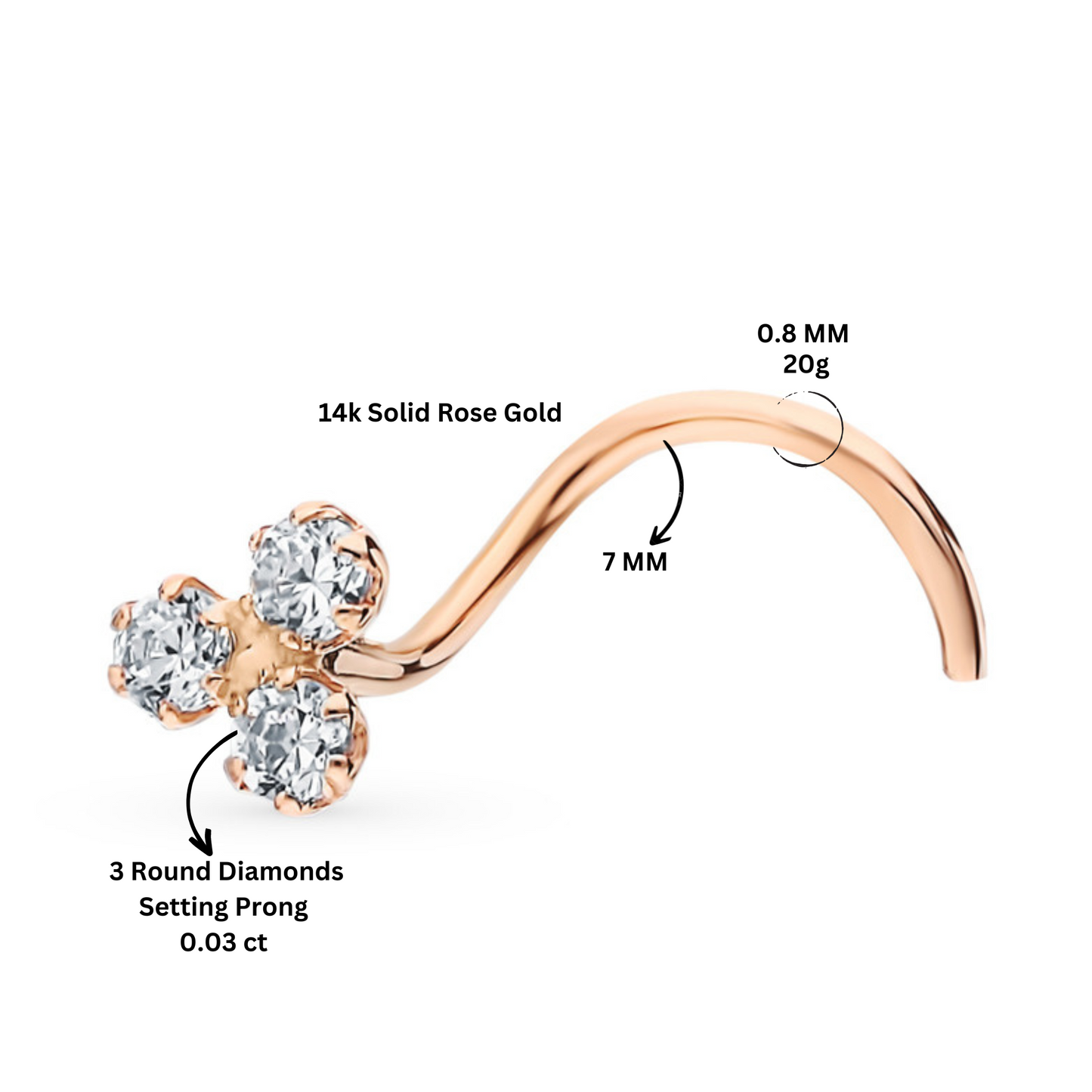 14K Gold With Three Genuine Diamond Stud Piercing Nose Stud Pin. Cushionblue