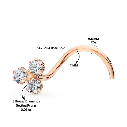 14K Gold With Three Genuine Diamond Stud Piercing Nose Stud Pin. Cushionblue