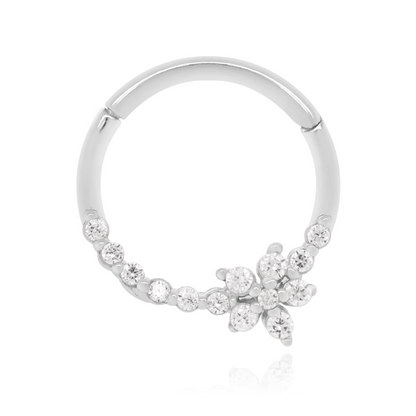Flower Clicker Septum Daith Ring, Hinged Clicker Rook Ring 16g, Genuine Diamond Helix Flower Nose Hoop. Cushionblue