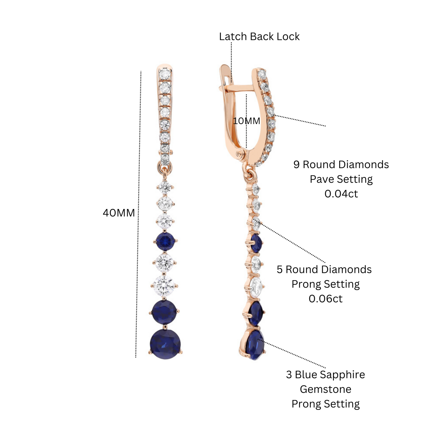 14K Gold Blue Sapphire Diamond Drop Earrings(0.35ct)Long Chain Earring. Cushionblue