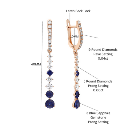 14K Gold Blue Sapphire Diamond Drop Earrings(0.35ct)Long Chain Earring. Cushionblue