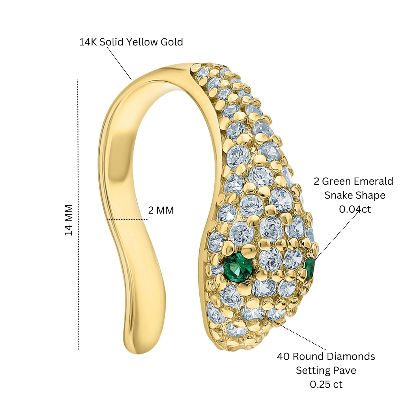 14k Gold,Comfortable Pave Diamond (0.25ct) Emerald Snake Ear Cuff. Cushionblue