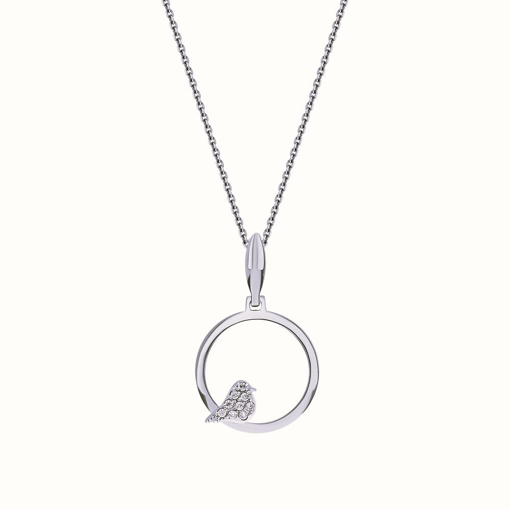 14K Gold Diamond Swallow Necklace | Open Circle Bird Pendant  | Round Gold Pendant Necklace | Bird Jewelry Gift for Friends | Stylish Gold Necklace. Cushionblue