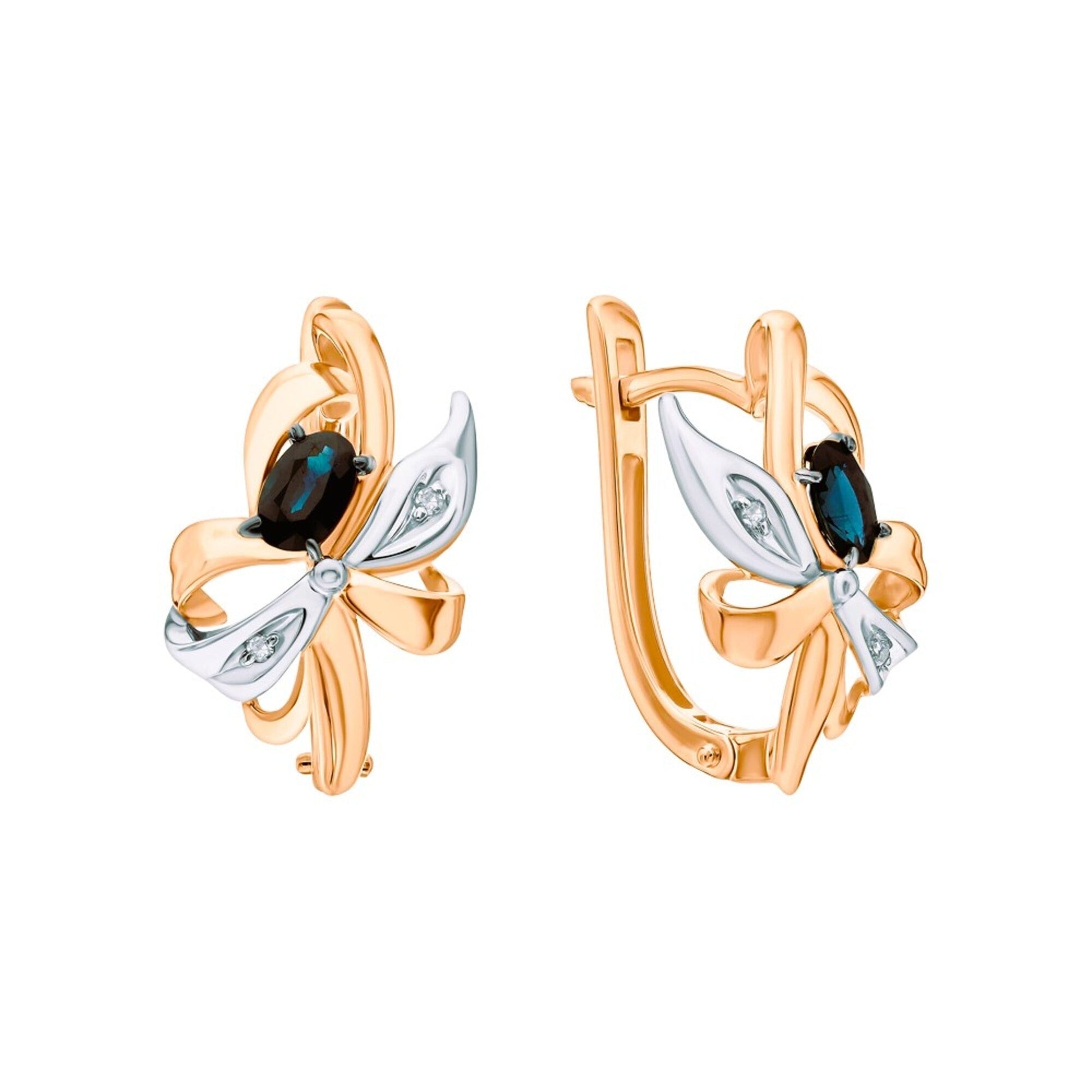 14K Rose Gold Diamond Floral Hoop | Blue Sapphire Bridal Earrings | Sapphire Flower Latch Back Earrings | Gift For Her. Cushionblue