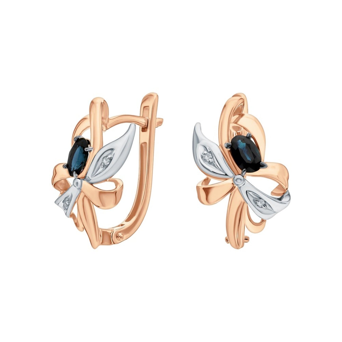 14K Rose Gold Diamond Floral Hoop | Blue Sapphire Bridal Earrings | Sapphire Flower Latch Back Earrings | Gift For Her. Cushionblue