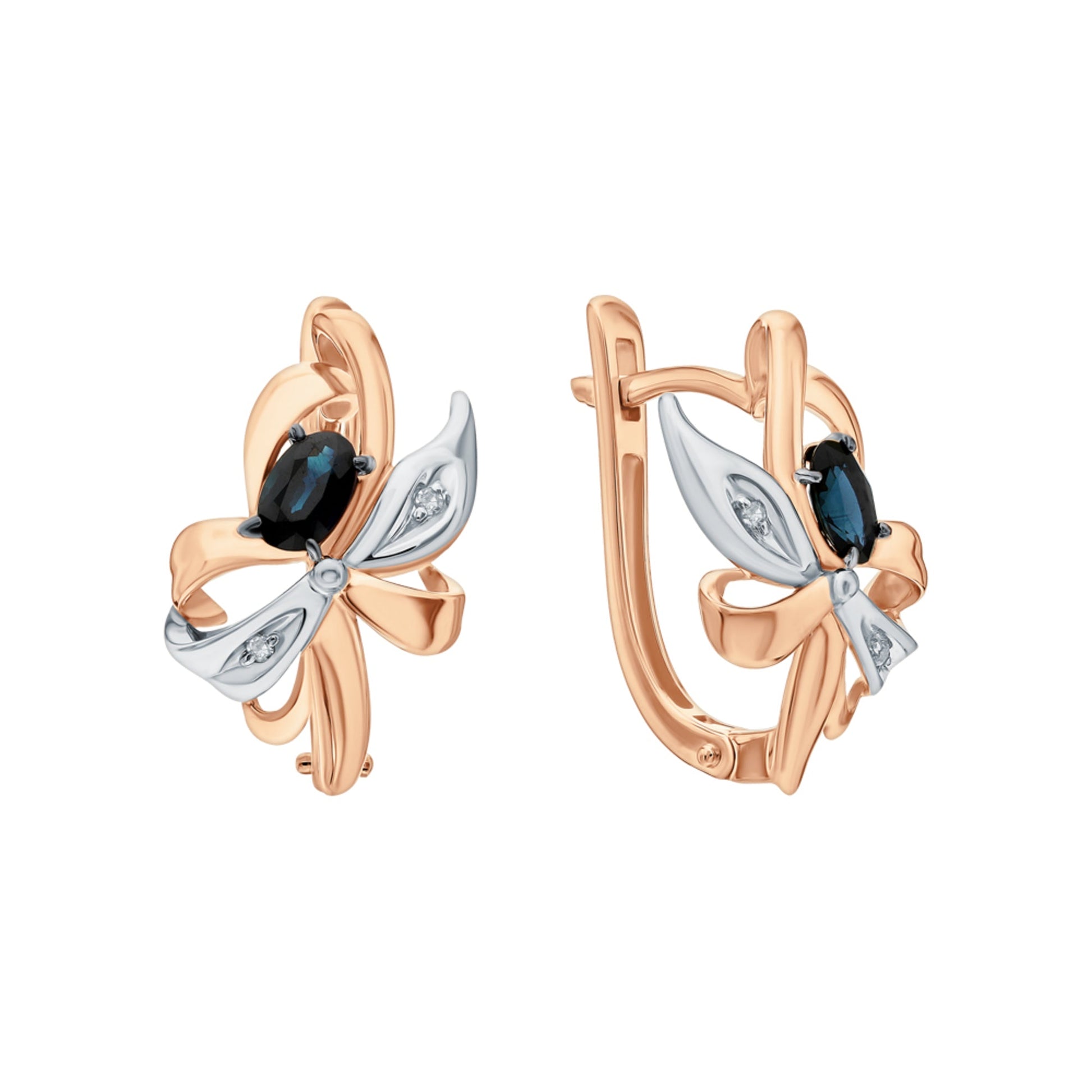 14K Rose Gold Diamond Floral Hoop | Blue Sapphire Bridal Earrings | Sapphire Flower Latch Back Earrings | Gift For Her. Cushionblue