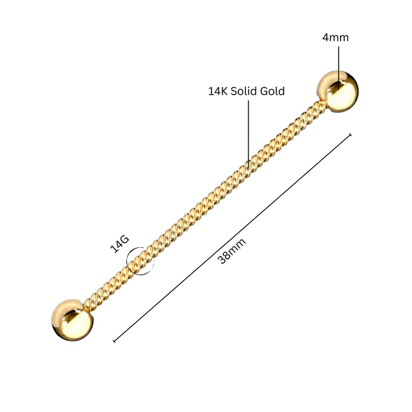 14K Solid Gold Entwine Industrial Piercing, Cushionblue
