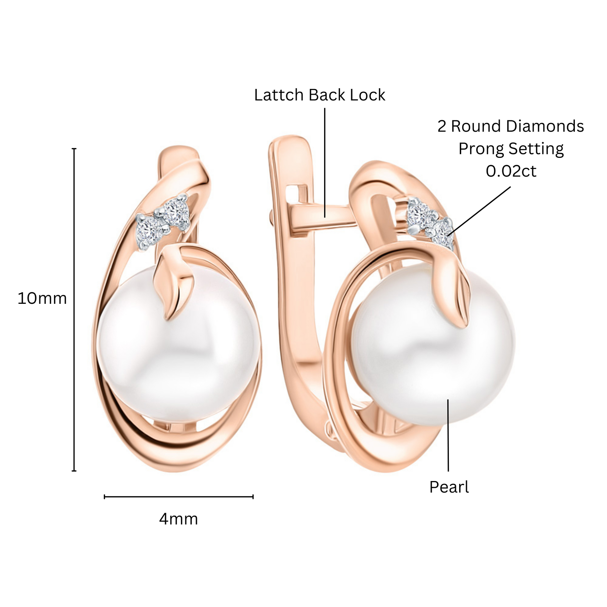 14K Solid Gold Hoop Earrings, Diamond (0.04ct) Pearl Huggies Hoop. Cushionblue