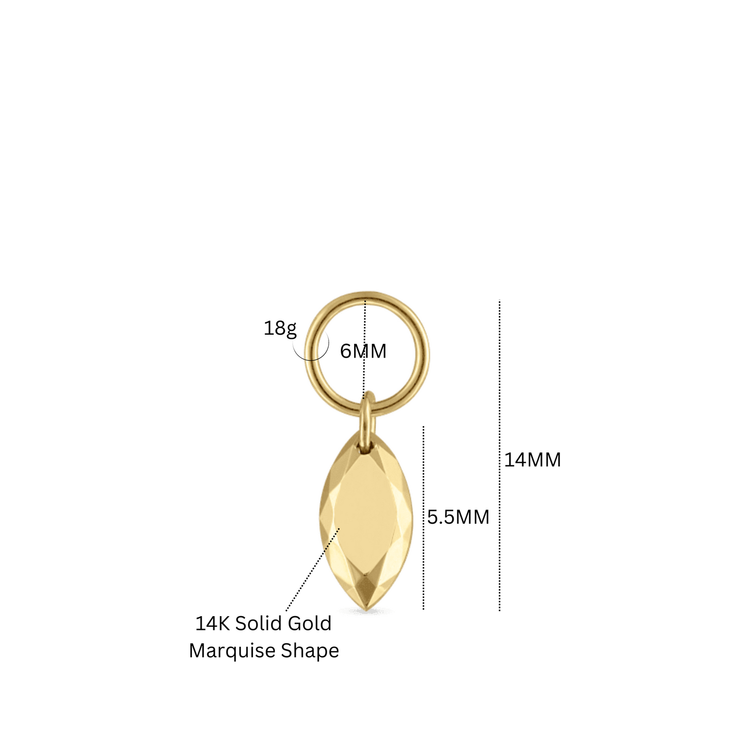 14k Gold Faceted Marquise Charm, Ear Piercing Drop, Add on for Hoop. Cushionblue