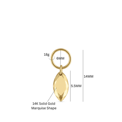 14k Gold Faceted Marquise Charm, Ear Piercing Drop, Add on for Hoop. Cushionblue