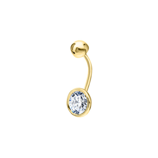 14k Gold Round Belly Ring Solitaire Belly Bar, Curved Bezel Diamond (0.70ct). Cushionblue