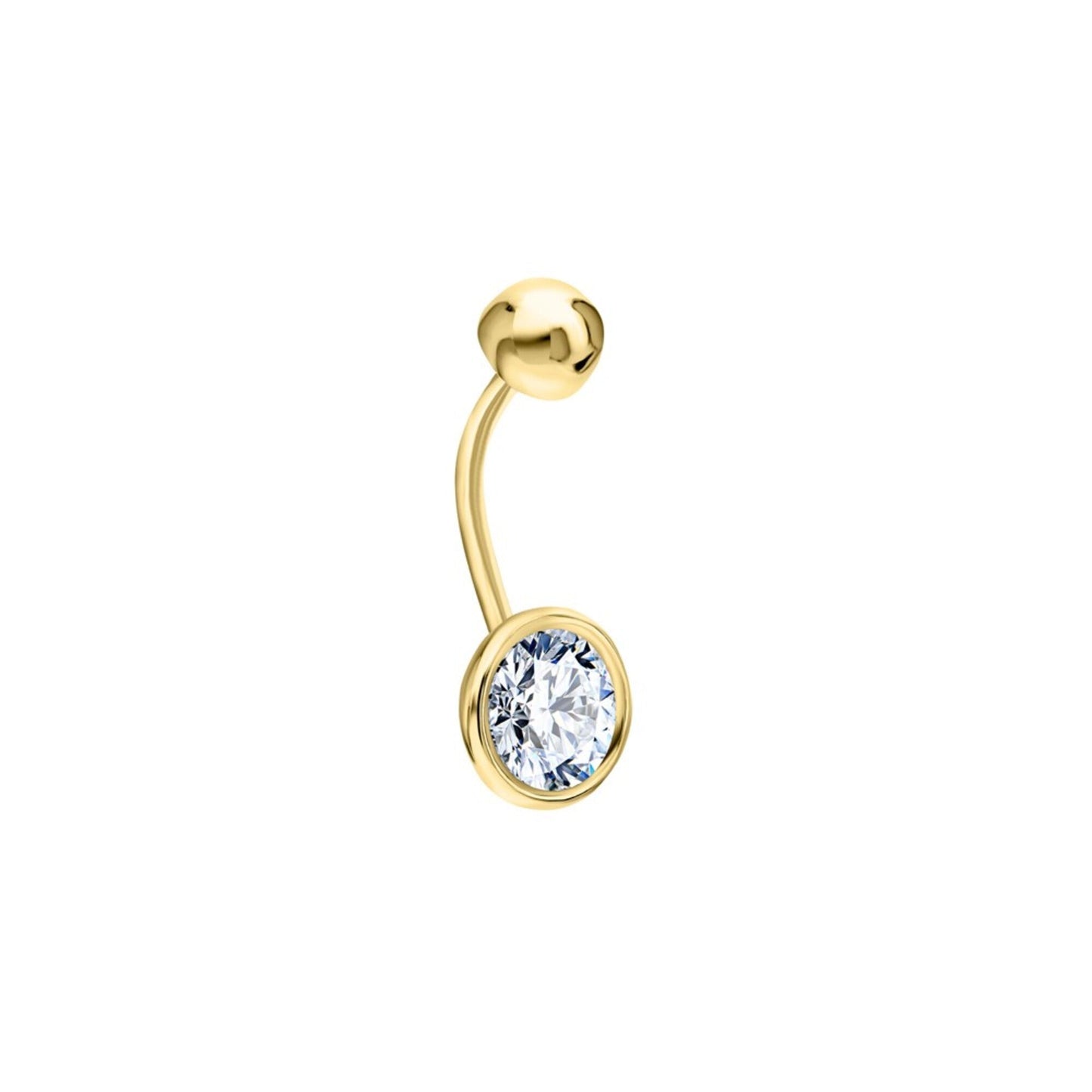 14k Gold Round Belly Ring Solitaire Belly Bar, Curved Bezel Diamond (0.70ct). Cushionblue