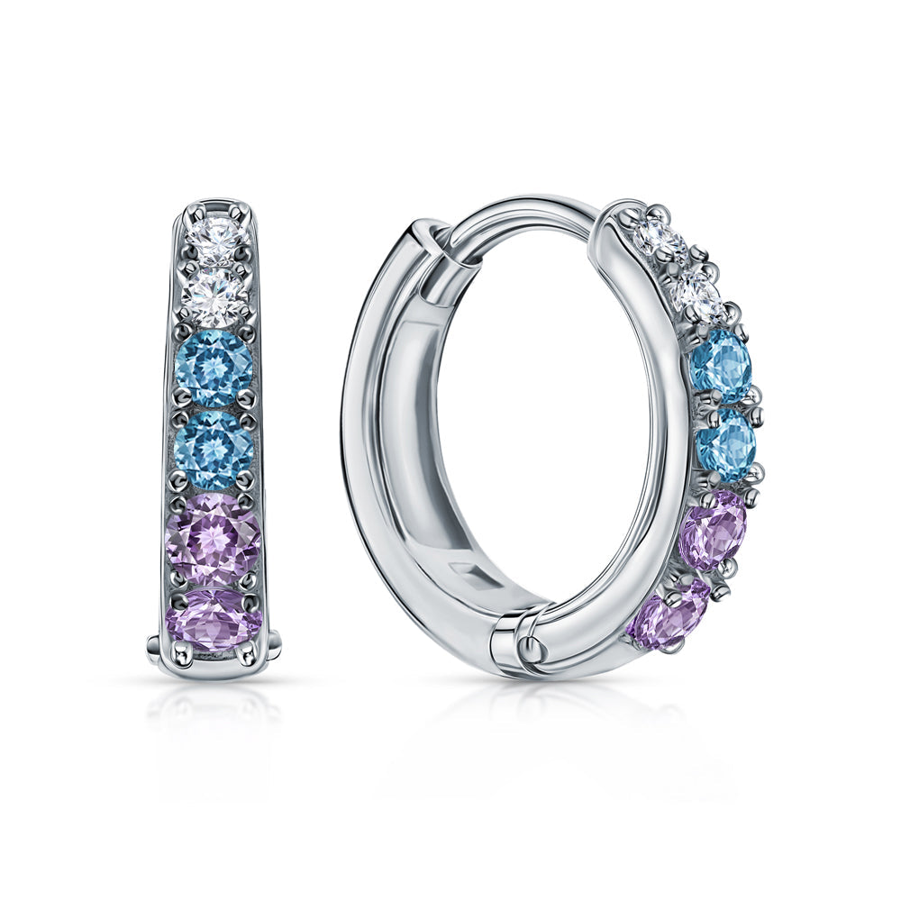 14k Gold Multi Color Stone Huggie Hoop, Sterling  Silver Diamond Hoop Earring. Cushionblue