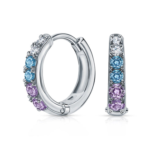 14k Gold Multi Color Stone Huggie Hoop, Sterling  Silver Diamond Hoop Earring. Cushionblue