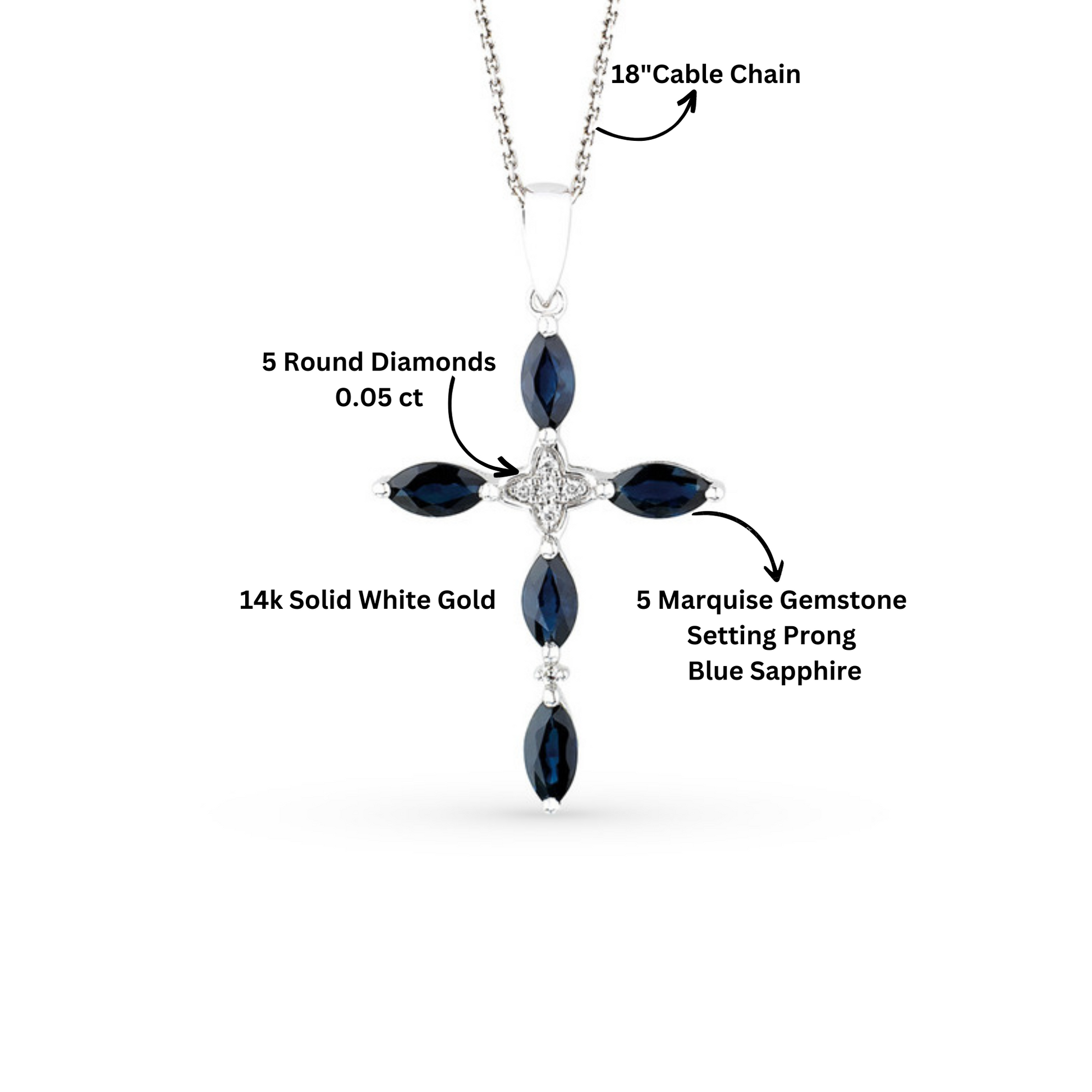 14k Gold Sapphire Necklace, Gemstone Cross Pendant,Blue Sapphire Cross Pendant. Cushionblue