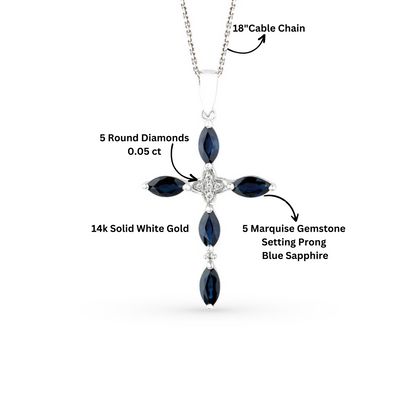 14k Gold Sapphire Necklace, Gemstone Cross Pendant,Blue Sapphire Cross Pendant. Cushionblue